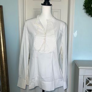 BCBGMAXAZRIA White Long Sleeve Tuxedo Ruffle Poplin Blouse NWT Size Large